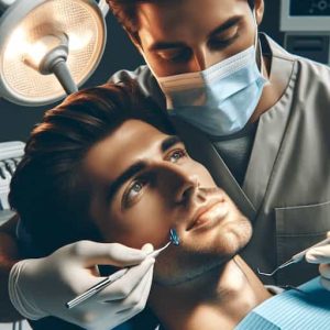 A close-up of a dentist in a Manchester clinic providing emergency dental treatment to a patient. The dentist, equipped with modern dental tools