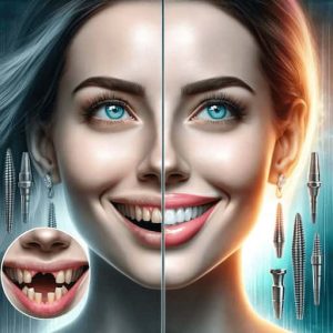 A compelling before and after visual comparison for a dental implant transformation. The 'before' side shows an individual with gaps in their teeth