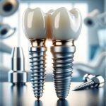 A detailed close-up of a high-quality dental implant model. The image showcases the implant, abutment, and crown, demonstrating how they fit together