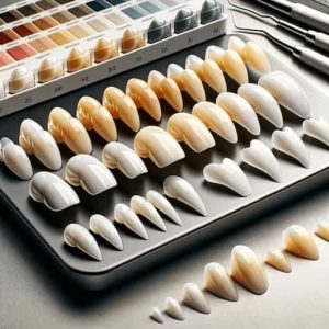 A diverse range of porcelain veneer shades and shapes displayed in a professional dental setting. The image showcases various veneer options