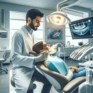 A modern and professional dental clinic in Manchester, showcasing an in-office teeth whitening session.