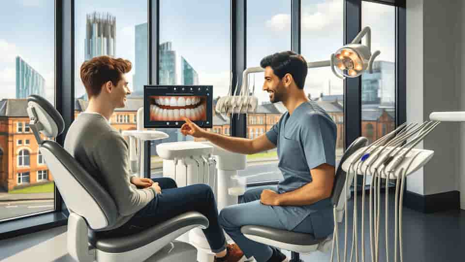 A modern dental clinic in Manchester with a professional dentist discussing porcelain veneers with a patient