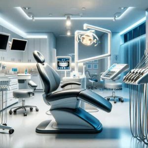 A modern, high-tech dental treatment room in a Manchester emergency dental clinic. The room is equipped with advanced dental technology (1)