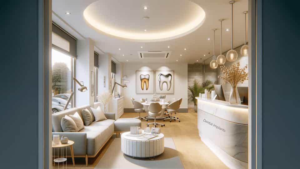 A modern, welcoming dental clinic in Manchester, showcasing a comfortable reception area with a clean, professional look
