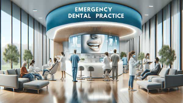 A panoramic view of a modern, welcoming emergency dental clinic in Manchester. The scene includes patients being attended to by professional staff