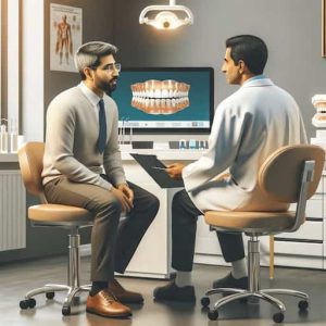 A scene depicting the consultation process in a Manchester dental clinic. The image shows a dentist and a patient
