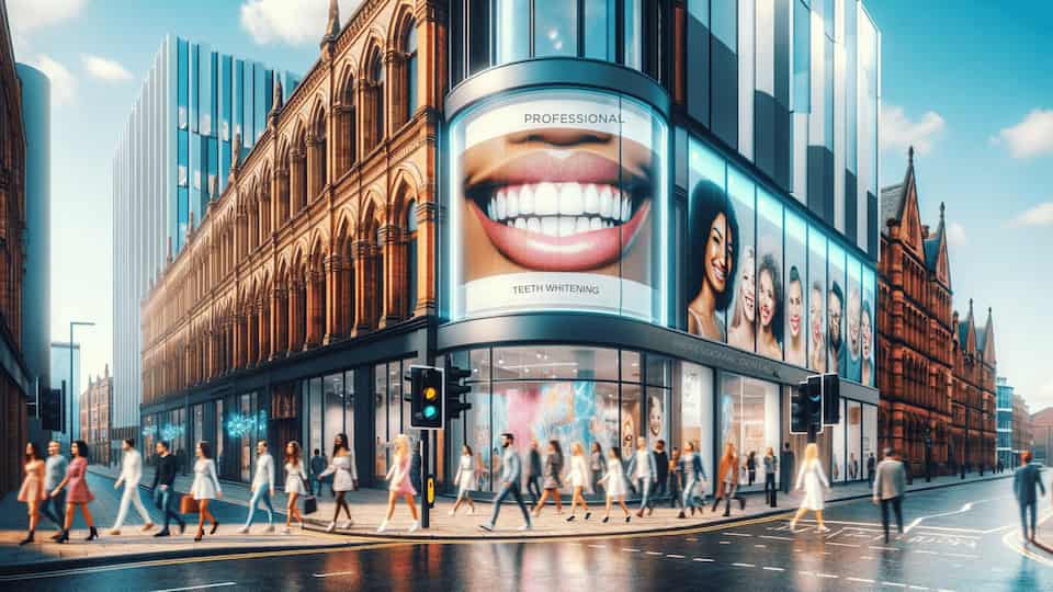A vibrant, urban Manchester street scene, with a modern dental clinic prominently featured. The clinic has large windows displaying advertisements for dentists