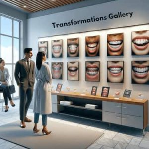 An image capturing a 'Transformations Gallery' of Invisalign before and after results, set in a modern dental clinic in Manchester