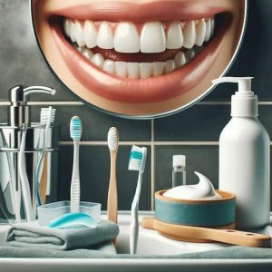 An image focused on the maintenance and care of porcelain veneers, featuring dental care tools such as a non-abrasive toothpaste, a soft-bristled toothbrush