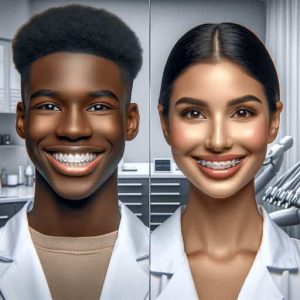 An image illustrating the comparison between Invisalign and traditional metal braces, set in a dental office in Manchester