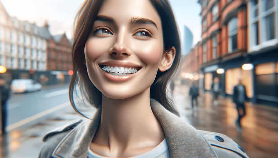 An image of a person smiling confidently, showcasing clear Invisalign aligners on their teeth. The person appears happy and relaxed