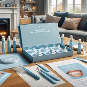 An image showing a take-home teeth whitening kit, typical of those provided by Manchester's dental clinics. The scene includes a neatly arranged kit