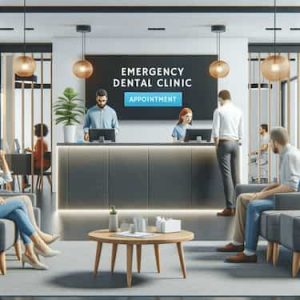 An inviting waiting area of an emergency dental clinic in Manchester with patients interacting with reception staff (1)
