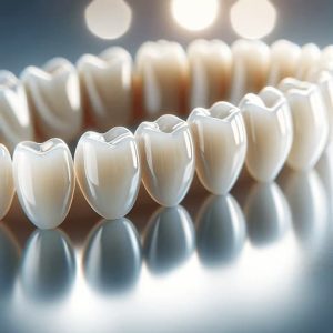 Close-up of high-quality porcelain veneers, showcasing their translucent and natural appearance. The image focuses on a set of veneers arranged neatly