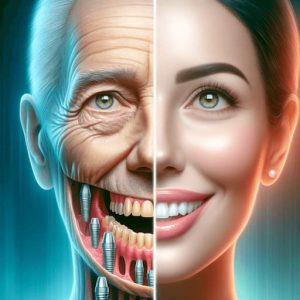 Visual representation of a patient's journey with dental implants, showing a before and after comparison. Dental Implants