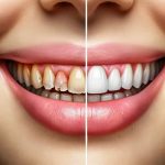 A close-up image showing a split comparison of a patient's smile before and after composite bonding