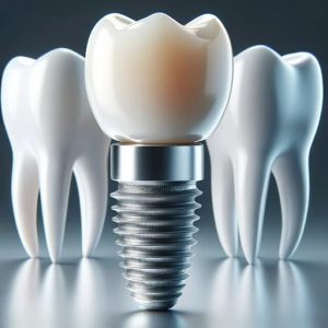 A close-up of a dental implant, showing the implant post, abutment, and crown, with an emphasis on their high quality and resemblance to a natural tooth