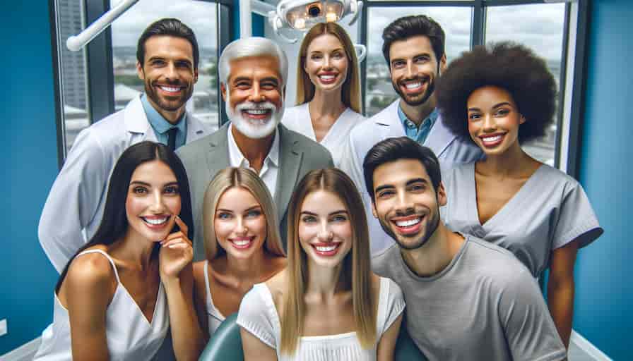 A diverse group of satisfied patients in a modern dental clinic in Manchester City Centre. The patients vary in age and background, each showing their smile makeover