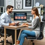 A friendly financial advisor sitting in a professional office environment, engaging with a client over various financing options for a smile makeover