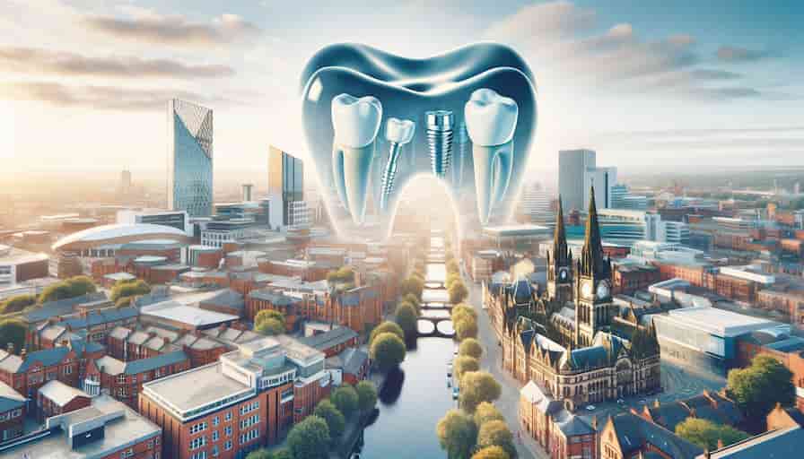 A panoramic view of Manchester City Centre with a subtle overlay of dental imagery, showcasing the availability of dental services in the city