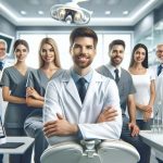 An image of a friendly and professional dental team in a modern dental clinic environment. The scene includes a diverse group of dentists