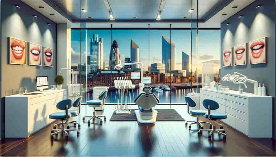 An image of a modern dental practice with a cityscape background, symbolizing a dental clinic in Manchester