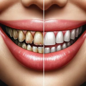An image showcasing a before-and-after comparison of a smile makeover. The left side depicts teeth before the makeover, displaying common dental issues