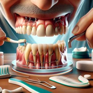 An image that accurately shows the maintenance of a dental bridge, with a focus on proper oral hygiene