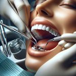A close-up image of a dental hygienist's hands using specialized tools to gently remove plaque and tartar from a patient's teeth