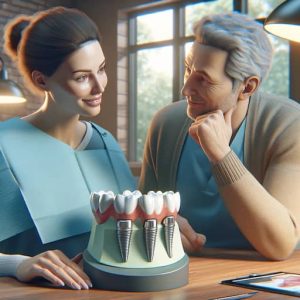 A comforting image of a patient and dentist having a consultation in a warm, welcoming Manchester dental office