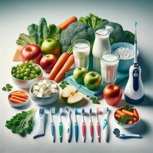 A creatively arranged image of healthy foods and orthodontic hygiene tools. The scene includes dairy products, leafy greens, apples