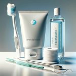 A detailed image showcasing a soft-bristled toothbrush, a tube of fluoride toothpaste, and an orthodontic floss threader neatly arrananged