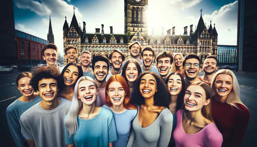 A diverse group of smiling people of various ages, all wearing braces, gathered in front of a recognizable Manchester landmark