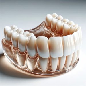 A highly detailed image focusing solely on the top set of premium removable dentures, displayed against a clean white background