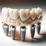 A highly detailed image that exclusively showcases a bottom set of premium fixed dentures attached to dental implants, against a stark white background