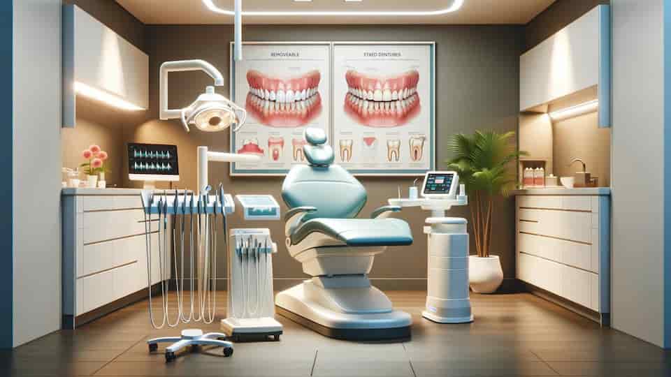 A modern dental clinic room with advanced equipment and a comfortable patient chair in the center. The room is well-lit, creating a welcoming environment