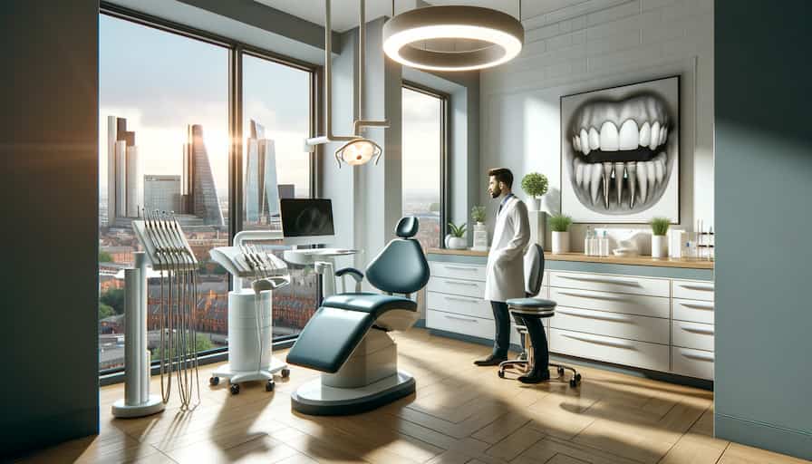 An image depicting a bright and welcoming dental clinic in Manchester, with modern interior design, featuring a consultatant