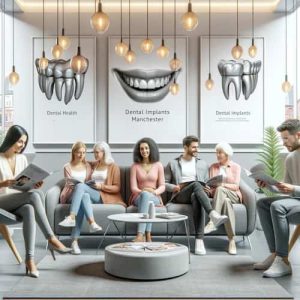 An image depicting a welcoming and modern dental clinic waiting room in Manchester. This scene includes a diverse group of patients
