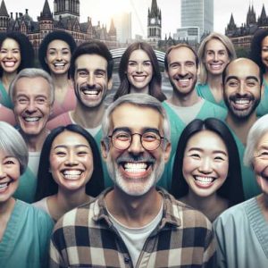 An image featuring a diverse group of satisfied patients of various ages and backgrounds in Manchester, smiling and showing off their teeth