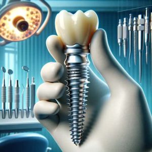 An image of a detailed dental implant model held in a dentist's gloved hand, showing the components of the implant