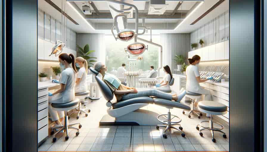 An image showcasing a modern and welcoming dental clinic interior in Manchester. The scene is bright and clean, with advanced dental equipment